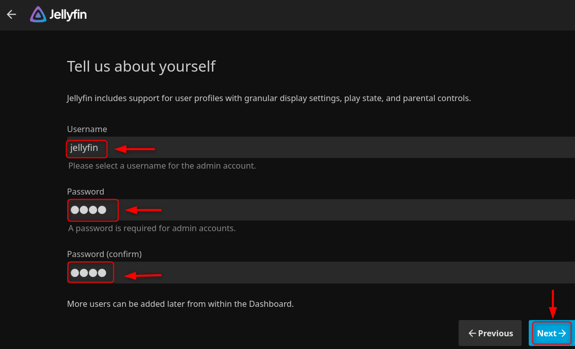 Jellyfin username and password