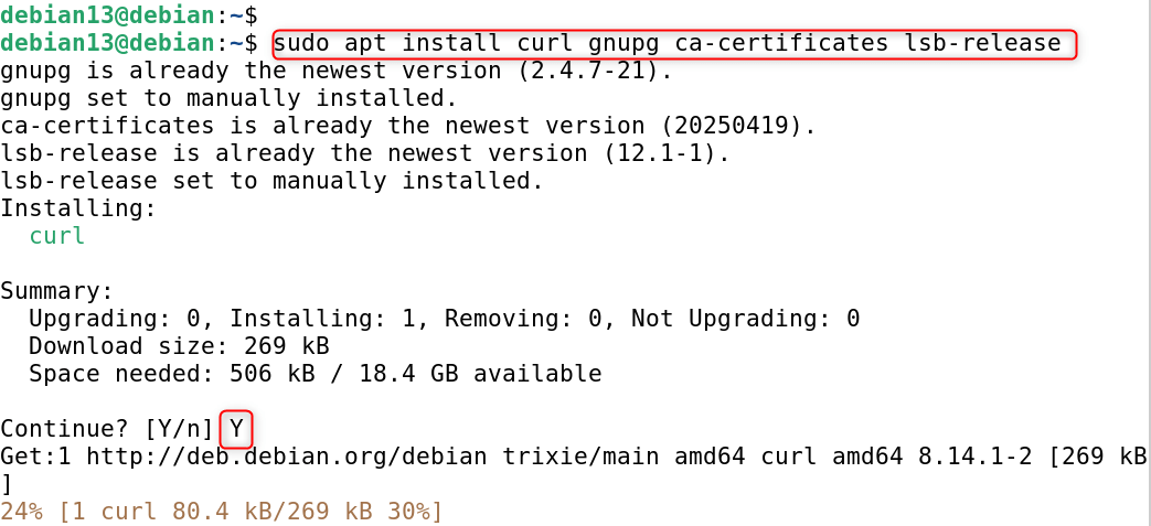 sudo apt install curl gnupg ca-certificates lsb-release