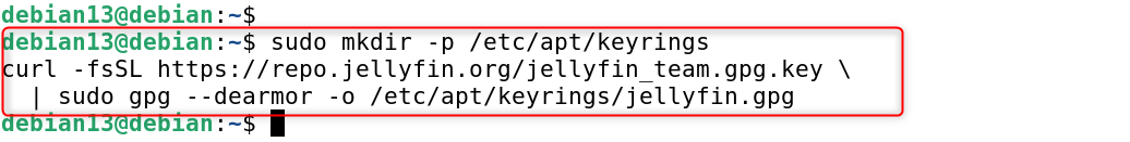 curl -fsSL https://repo.jellyfin.org/jellyfin_team.gpg.key \| sudo gpg --dearmor -o /etc/apt/keyrings/jellyfin.gpg