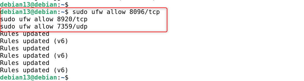 sudo ufw allow 8096/tcp
sudo ufw allow 8920/tcp
sudo ufw allow 7359/udp