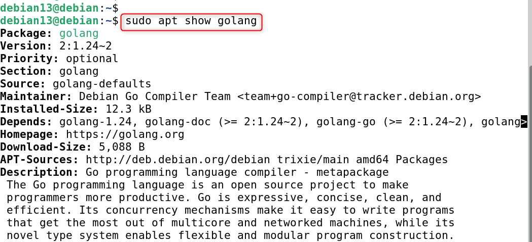 sudo apt show golang