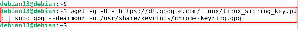 wget -q -O - https://dl.google.com/linux/linux_signing_key.pub | sudo gpg --dearmour -o /usr/share/keyrings/chrome-keyring.gpg