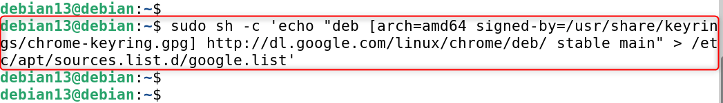 sudo sh -c 'echo "deb [arch=amd64 signed-by=/usr/share/keyrings/chrome-keyring.gpg] http://dl.google.com/linux/chrome/deb/ stable main" > /etc/apt/sources.list.d/google.list'