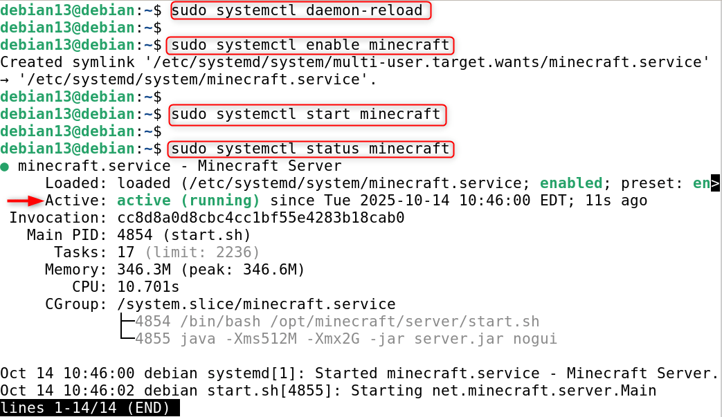enable and start minecraft server