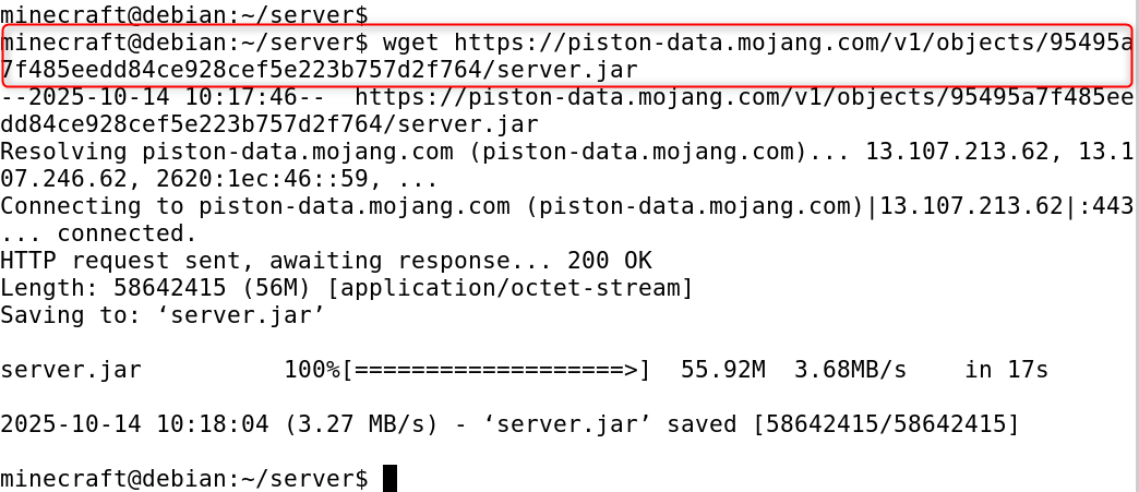   wget https://piston-data.mojang.com/v1/objects/95495a7f485eedd84ce928cef5e223b757d2f764/server.jar
