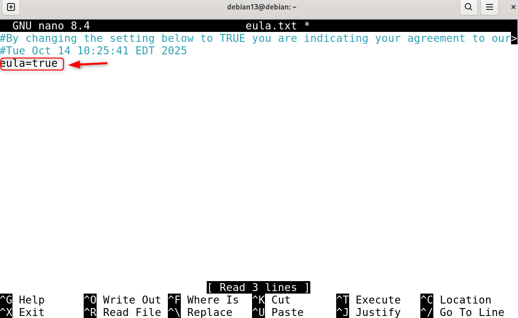 Setting eula=true