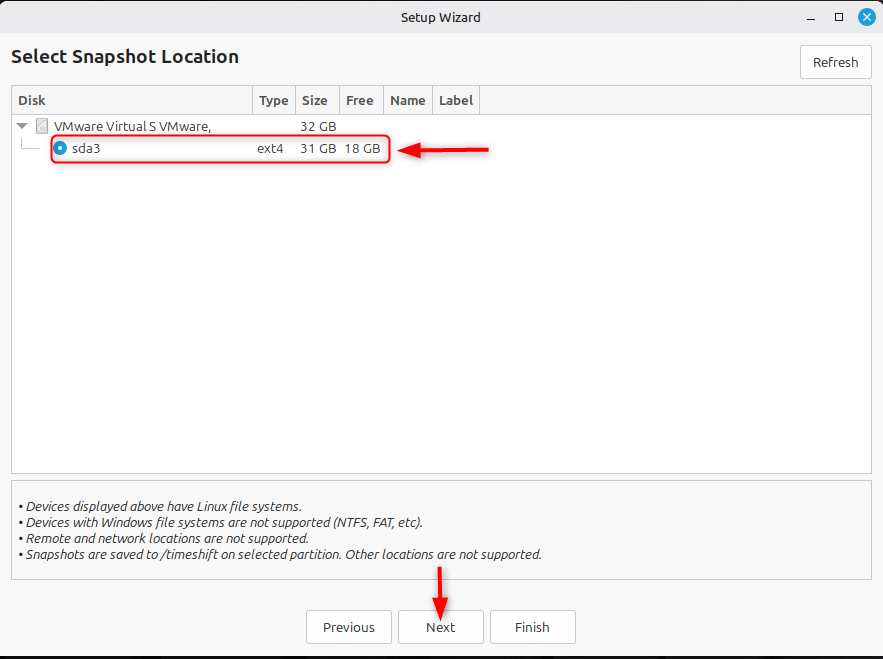 select the storage location for timeshift