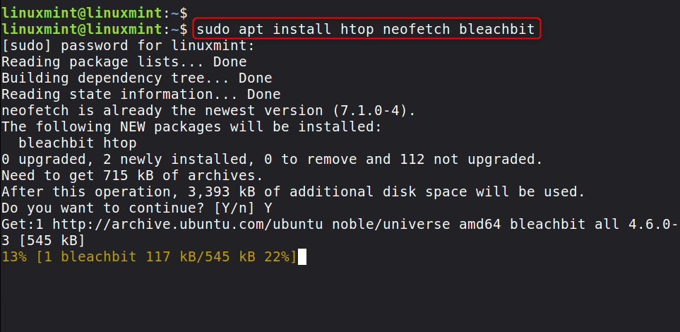 sudo apt install htop neofetch bleachbit