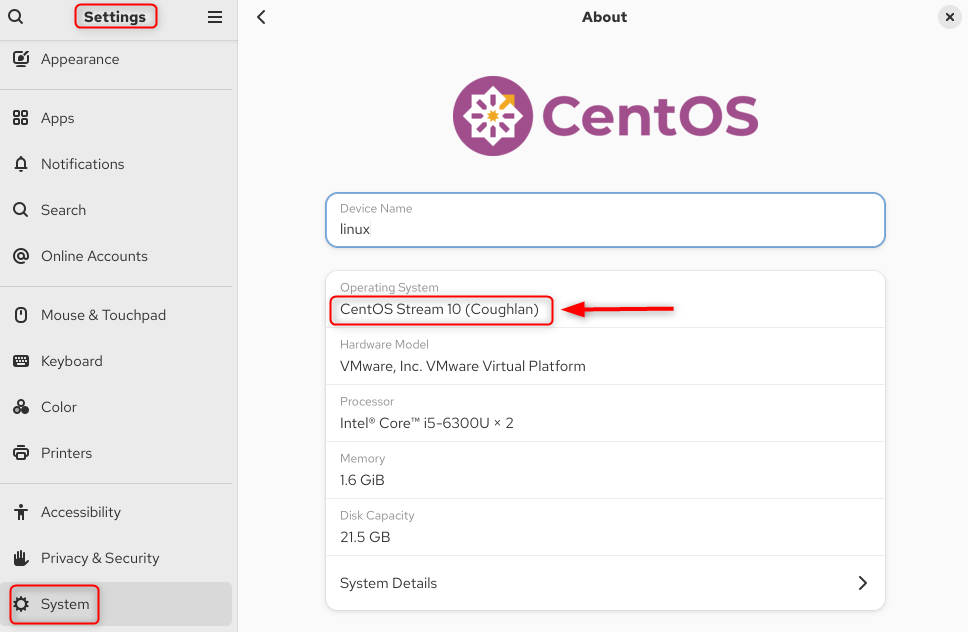 Check CentOS version using GUI