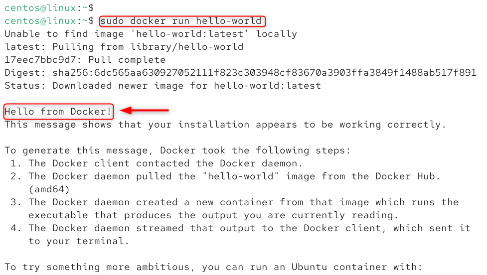   sudo docker run hello-world
