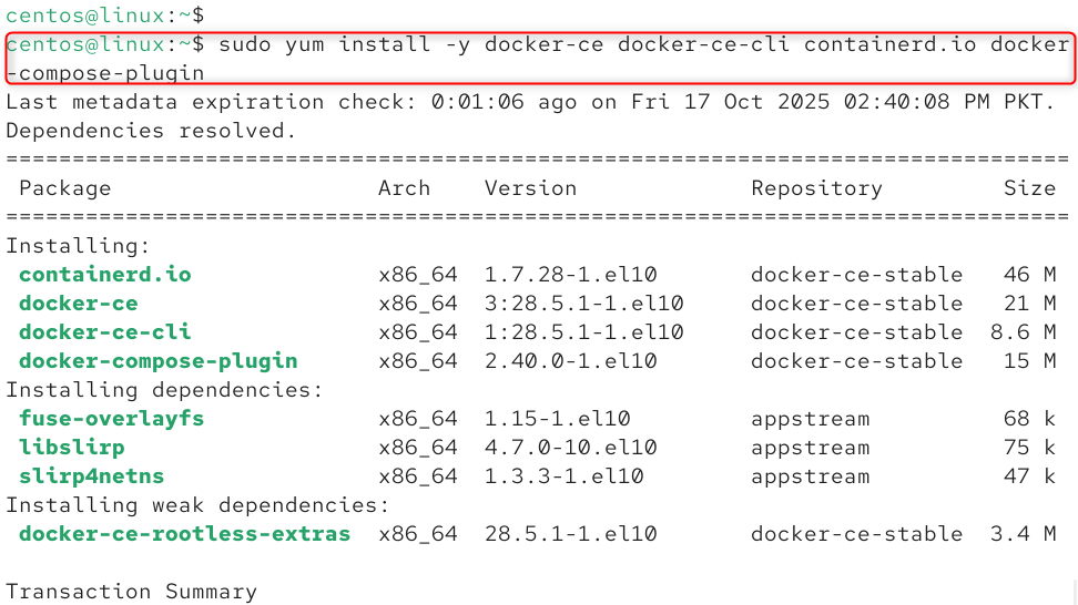   sudo yum install -y docker-ce docker-ce-cli containerd.io docker-compose-plugin
