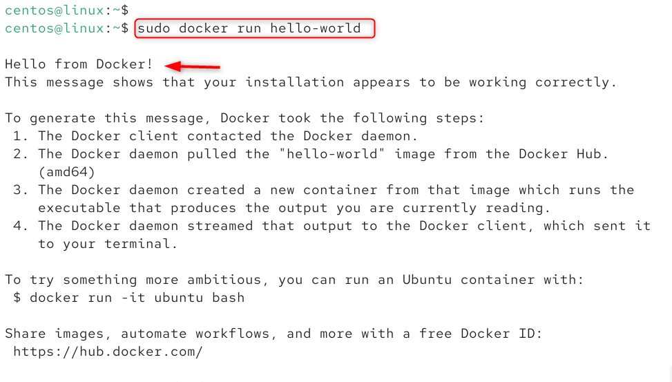   sudo docker run hello-world
