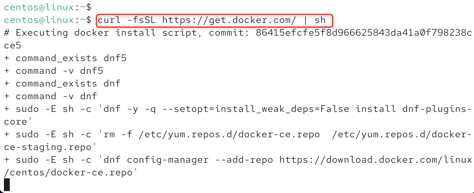   curl -fsSL https://get.docker.com/ | sh
