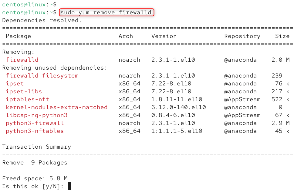 sudo yum remove firewalld