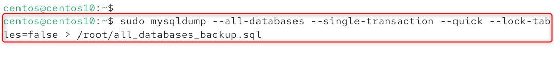 sudo mysqldump --all-databases --single-transaction --quick --lock-tables=false > /root/all_databases_backup.sql