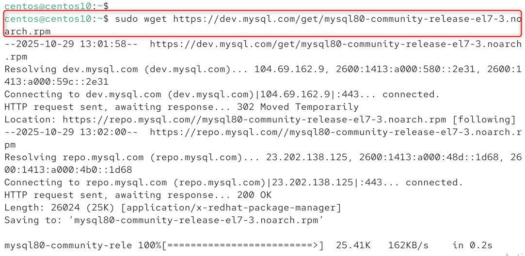sudo wget https://dev.mysql.com/get/mysql80-community-release-el7-3.noarch.rpm