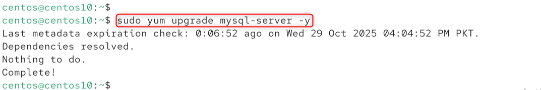 sudo yum upgrade mysql-server -y