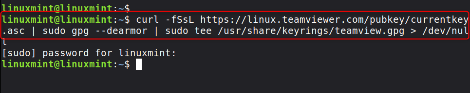 curl -fSsL https://linux.teamviewer.com/pubkey/currentkey.asc | sudo gpg --dearmor | sudo tee /usr/share/keyrings/teamview.gpg > /dev/null