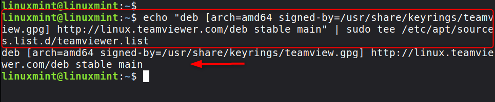 echo "deb [arch=amd64 signed-by=/usr/share/keyrings/teamview.gpg] http://linux.teamviewer.com/deb stable main" | sudo tee /etc/apt/sources.list.d/teamviewer.list