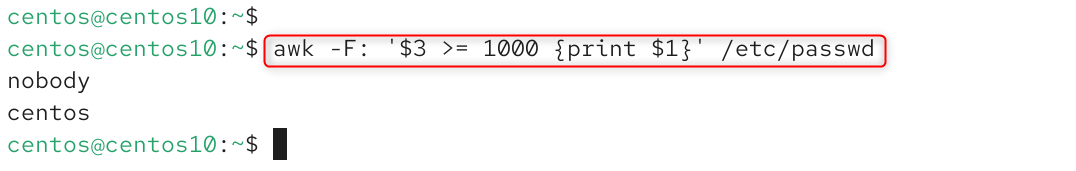 awk -F: '$3 >= 1000 {print $1}' /etc/passwd