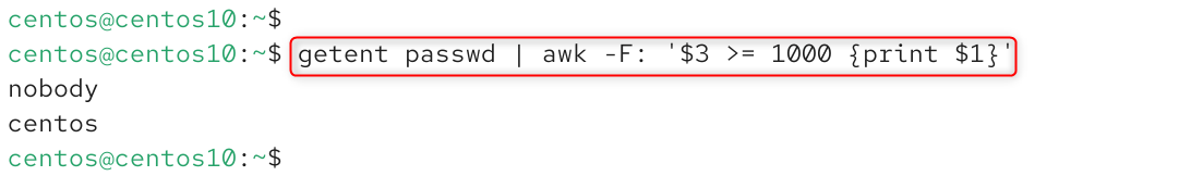 getent passwd | awk -F: '$3 >= 1000 {print $1}'