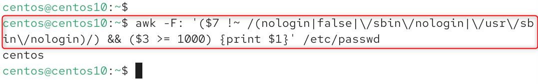 awk -F: '($7 !~ /(nologin|false|\/sbin\/nologin|\/usr\/sbin\/nologin)/) && ($3 >= 1000) {print $1}' /etc/passwd