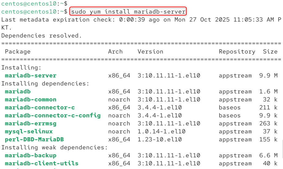 sudo yum install mariadb-server