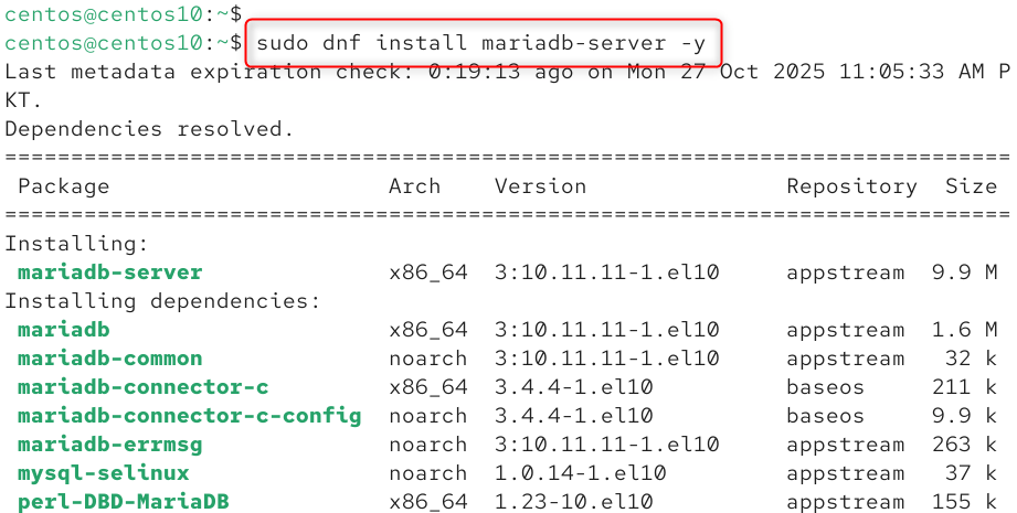 sudo dnf install mariadb-server -y