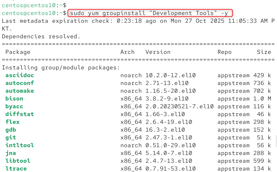 sudo yum groupinstall "Development Tools" -y