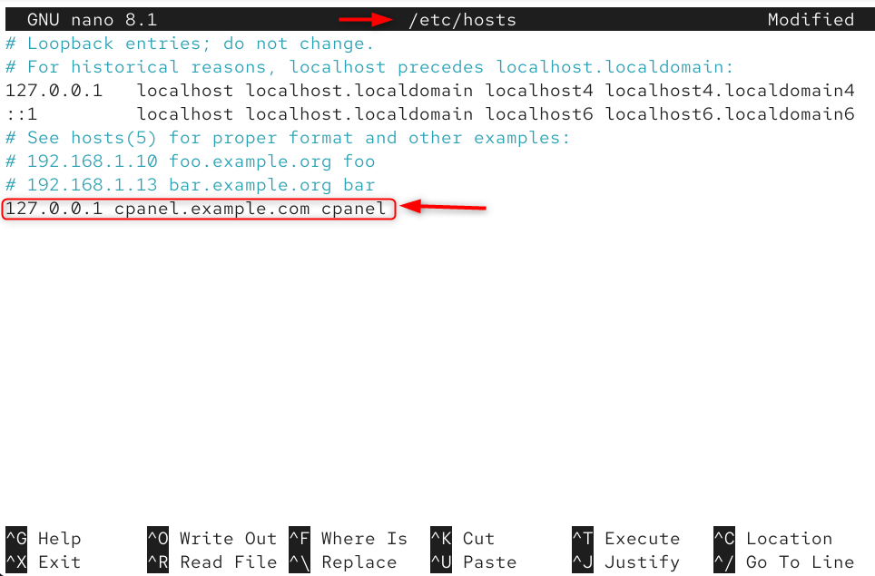 127.0.0.1 cpanel.example.com cpanel