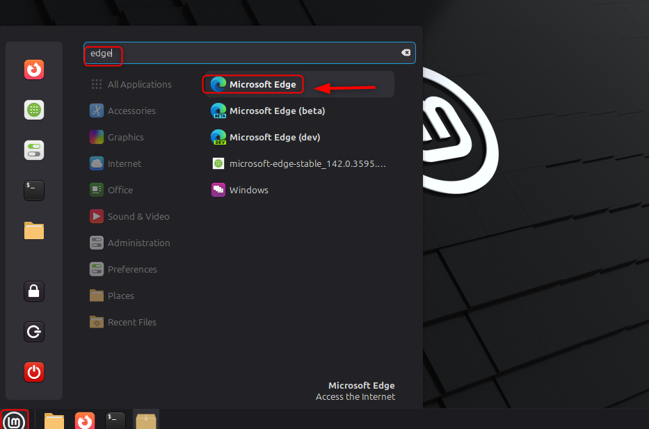 launch edge from application menu