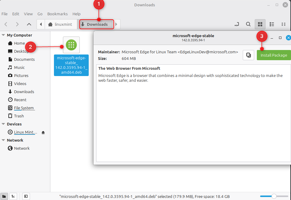 open downloads directory and click edge .deb package