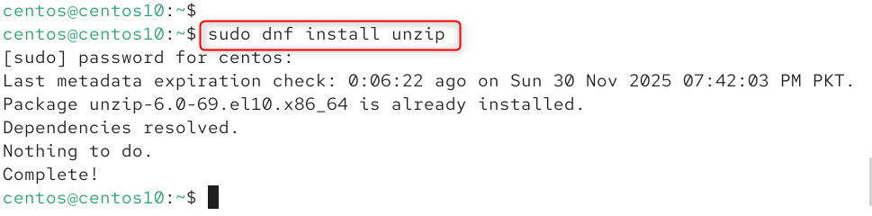 sudo dnf install unzip