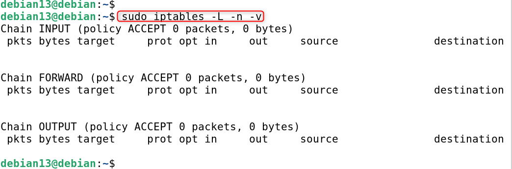 sudo iptables -L -n -v