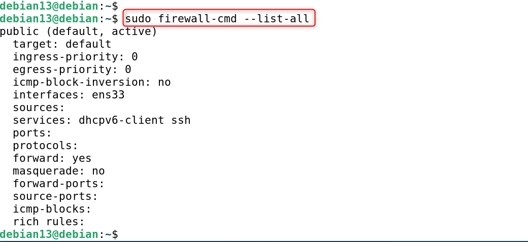 sudo firewall-cmd --list-all