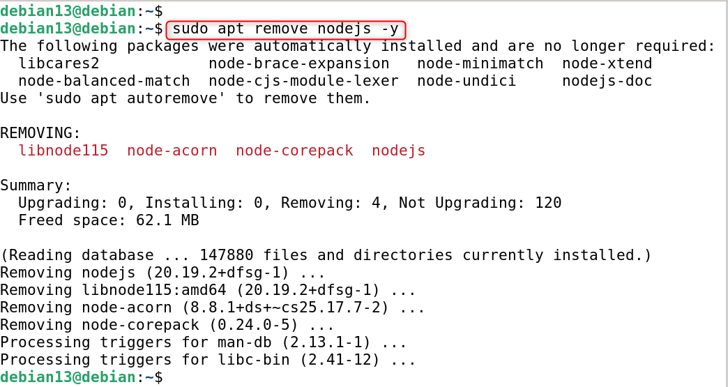 sudo apt remove nodejs -y