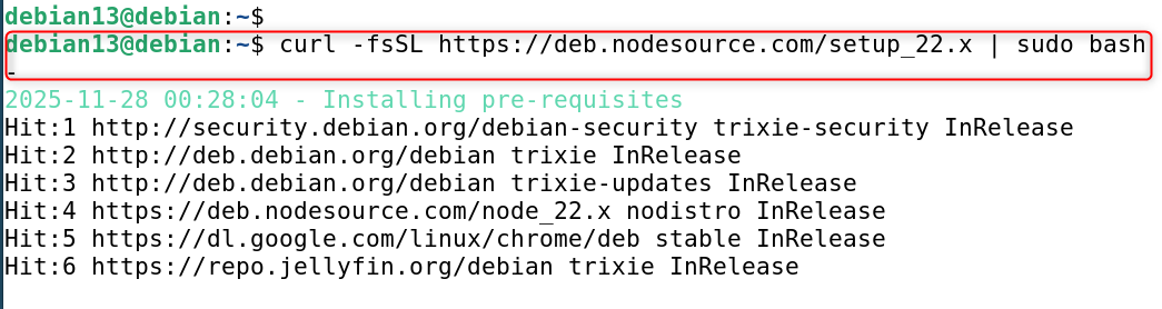 curl -fsSL https://deb.nodesource.com/setup_22.x | sudo bash -