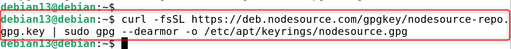 curl -fsSL https://deb.nodesource.com/gpgkey/nodesource-repo.gpg.key | sudo gpg --dearmor -o /etc/apt/keyrings/nodesource.gpg