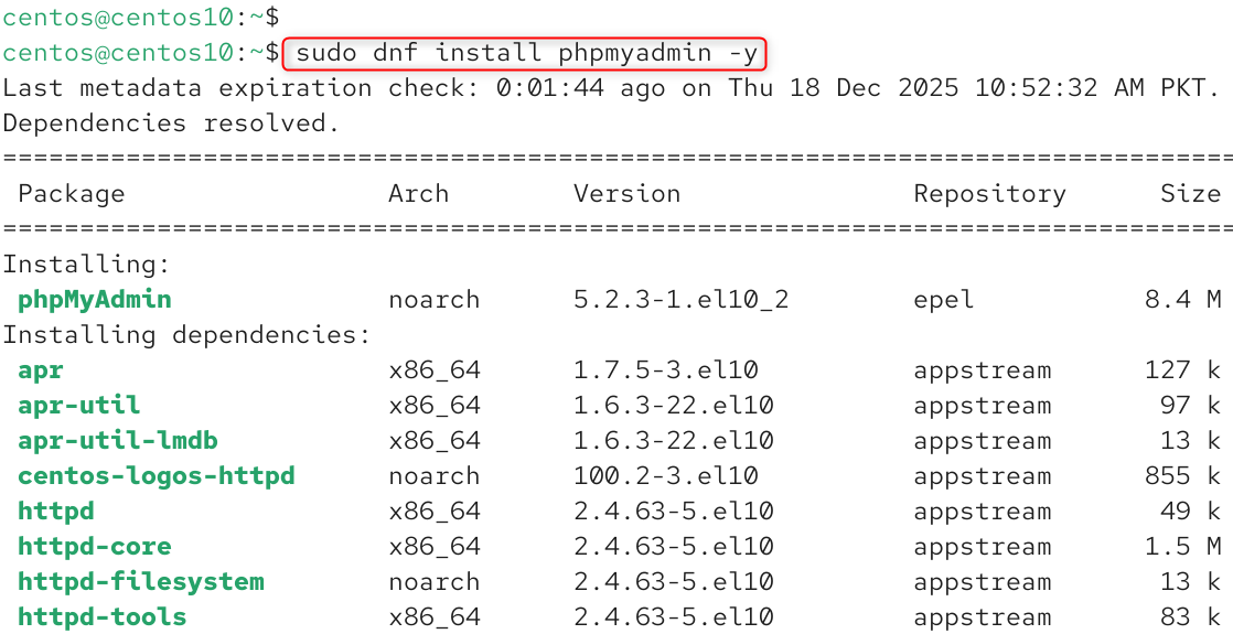 sudo dnf install phpmyadmin -y