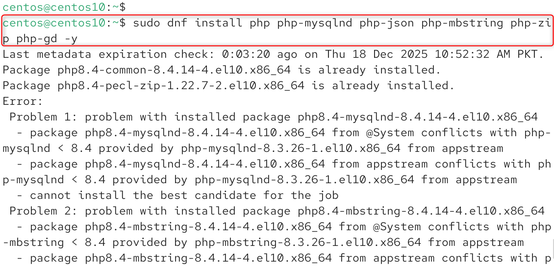 sudo dnf install php php-mysqlnd php-json php-mbstring php-zip php-gd -y