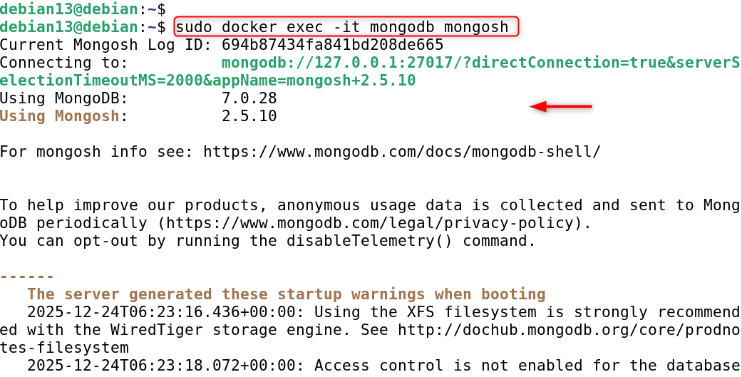 sudo docker exec -it mongodb mongosh
