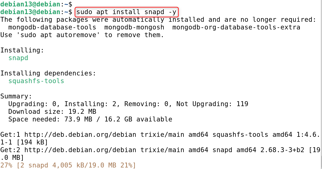 sudo apt install snapd -y