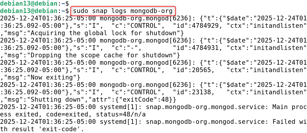 sudo snap logs mongodb-org