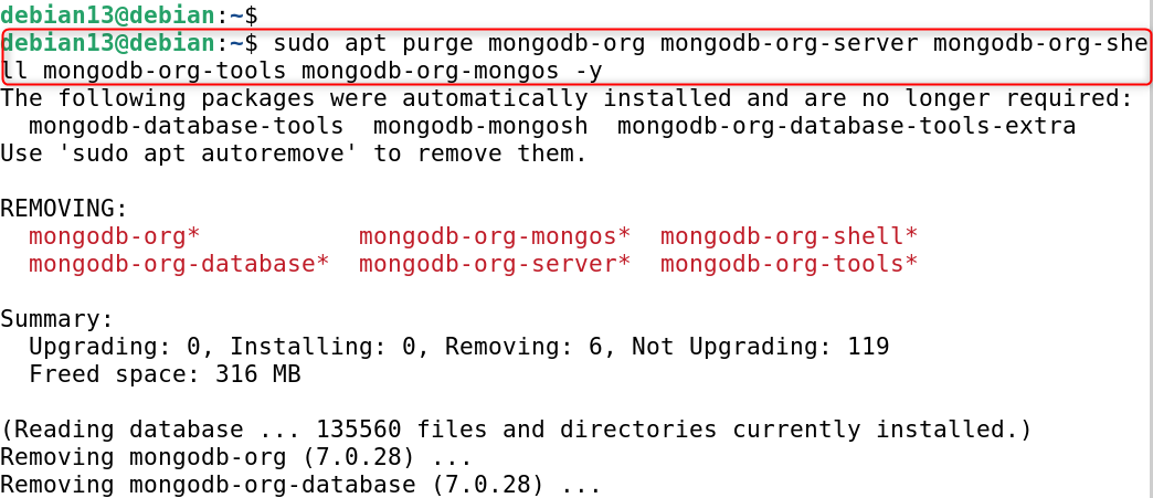 sudo apt purge mongodb-org mongodb-org-server mongodb-org-shell mongodb-org-tools mongodb-org-mongos -y