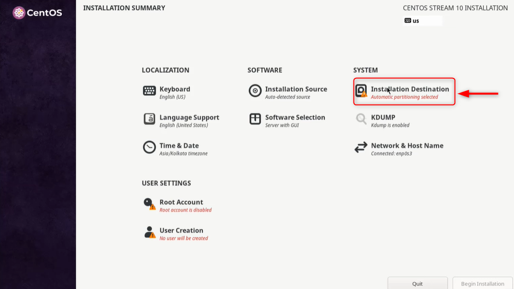 Configure installation destination
