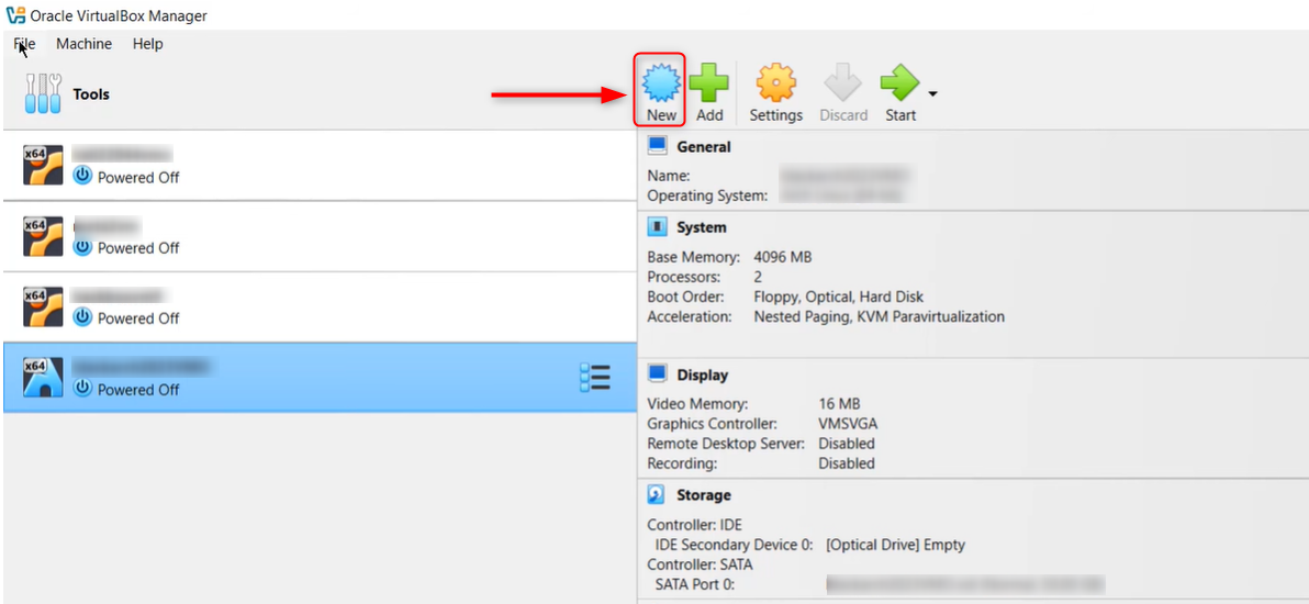 create new virtual machine in VirtualBox
