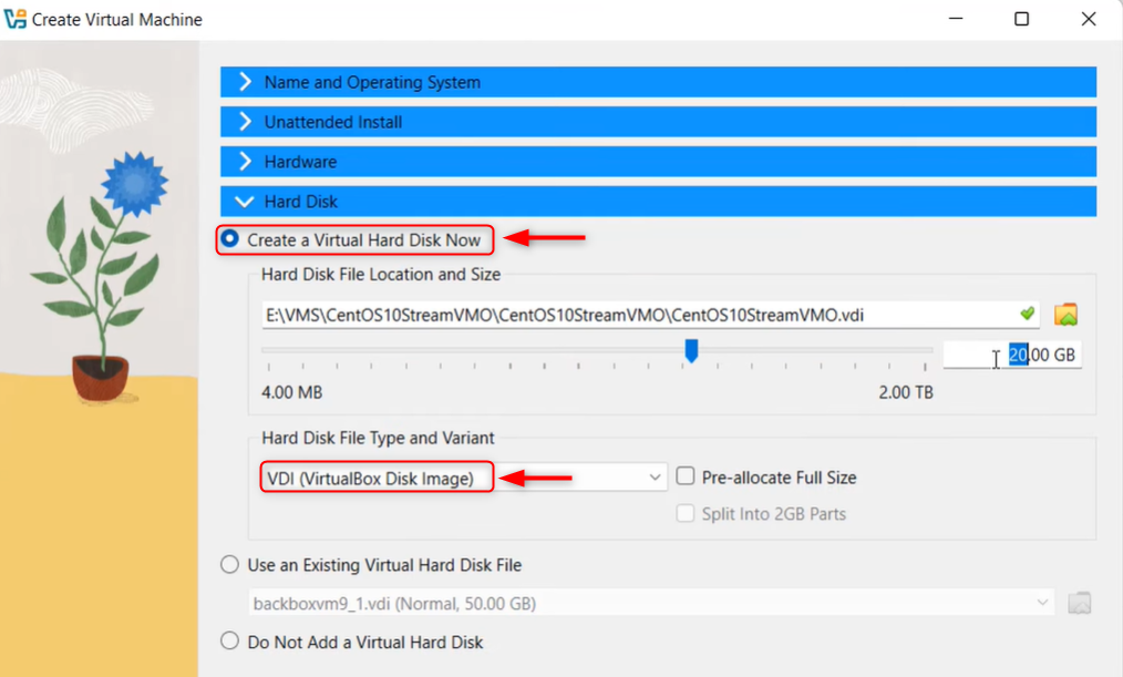 create a virtual hard disk in VirtualBox