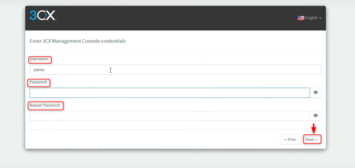 enter 3cx management console credentials