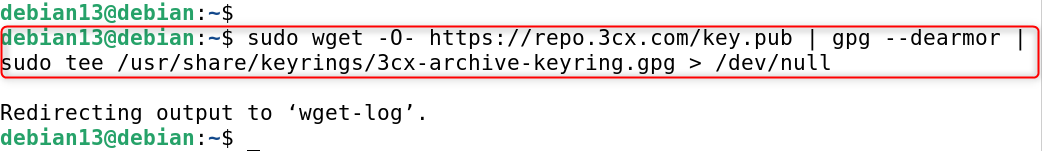 sudo wget -O- https://repo.3cx.com/key.pub | gpg --dearmor | sudo tee /usr/share/keyrings/3cx-archive-keyring.gpg > /dev/null