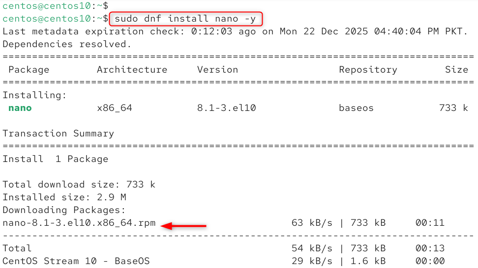 sudo dnf install nano -y